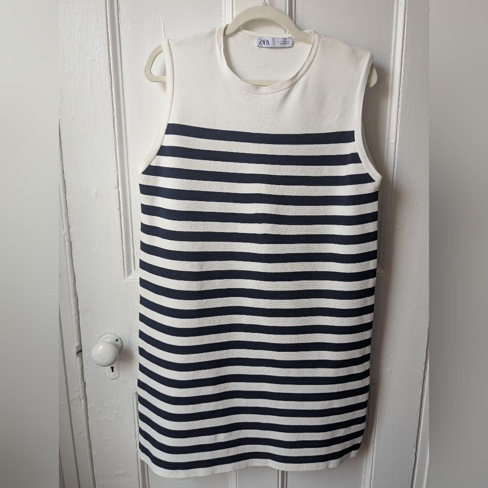 Zara Striped Nautical Knit Mini Tank Dress Summer Beach Resort - Size L